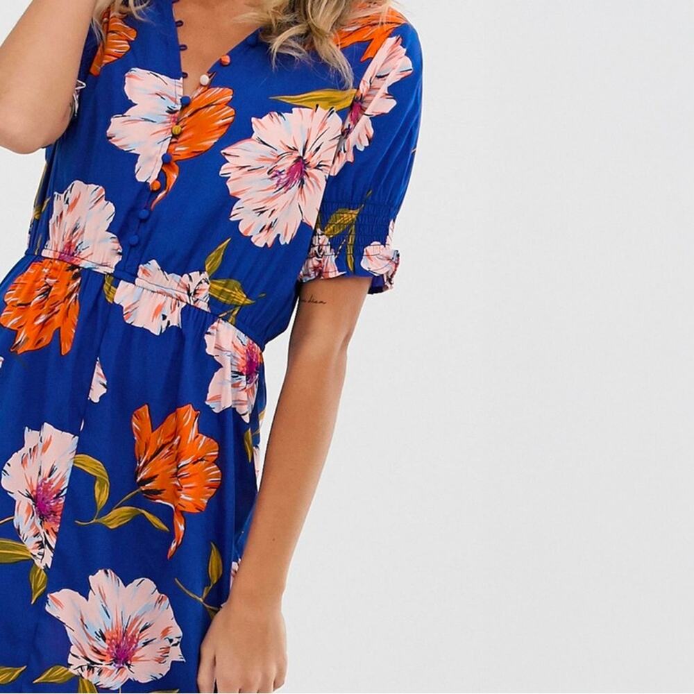 ASOS Womens Floral Midi Dress Size 6 Blue V Neck Long Sleeve Button Front - Picture 11 of 12
